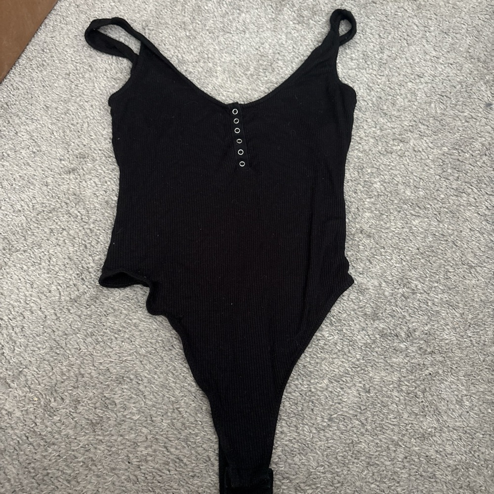 Black Ribbed Bodysuit with Button Detail